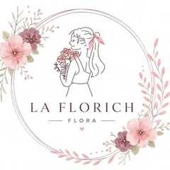 โลโก้ La Florich Flora รูปผู้หญิงถือดอกไม้ในวงช่อดอกไม้สีชมพู