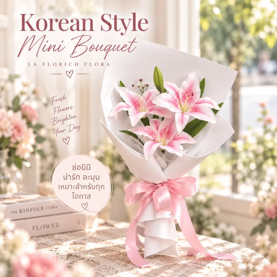 Korean Style Mini Bouquet ช่อลิลลี่ชมพูห่อกระดาษขาว ผูกโบว์ชมพู