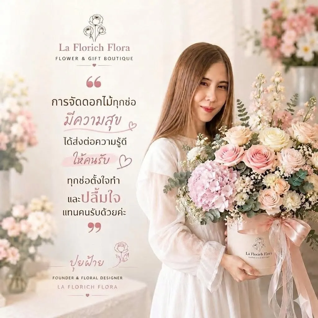 คุณปุยฝ้าย ผู้ก่อตั้งและนักออกแบบดอกไม้ La Florich Flora ในชุดสีขาว ถือกระเช้าดอกไม้โทนชมพู