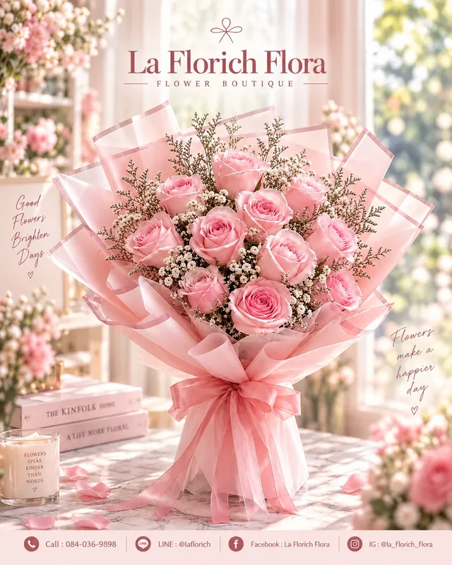 ช่อกุหลาบชมพูห่อกระดาษชมพู La Florich Flora